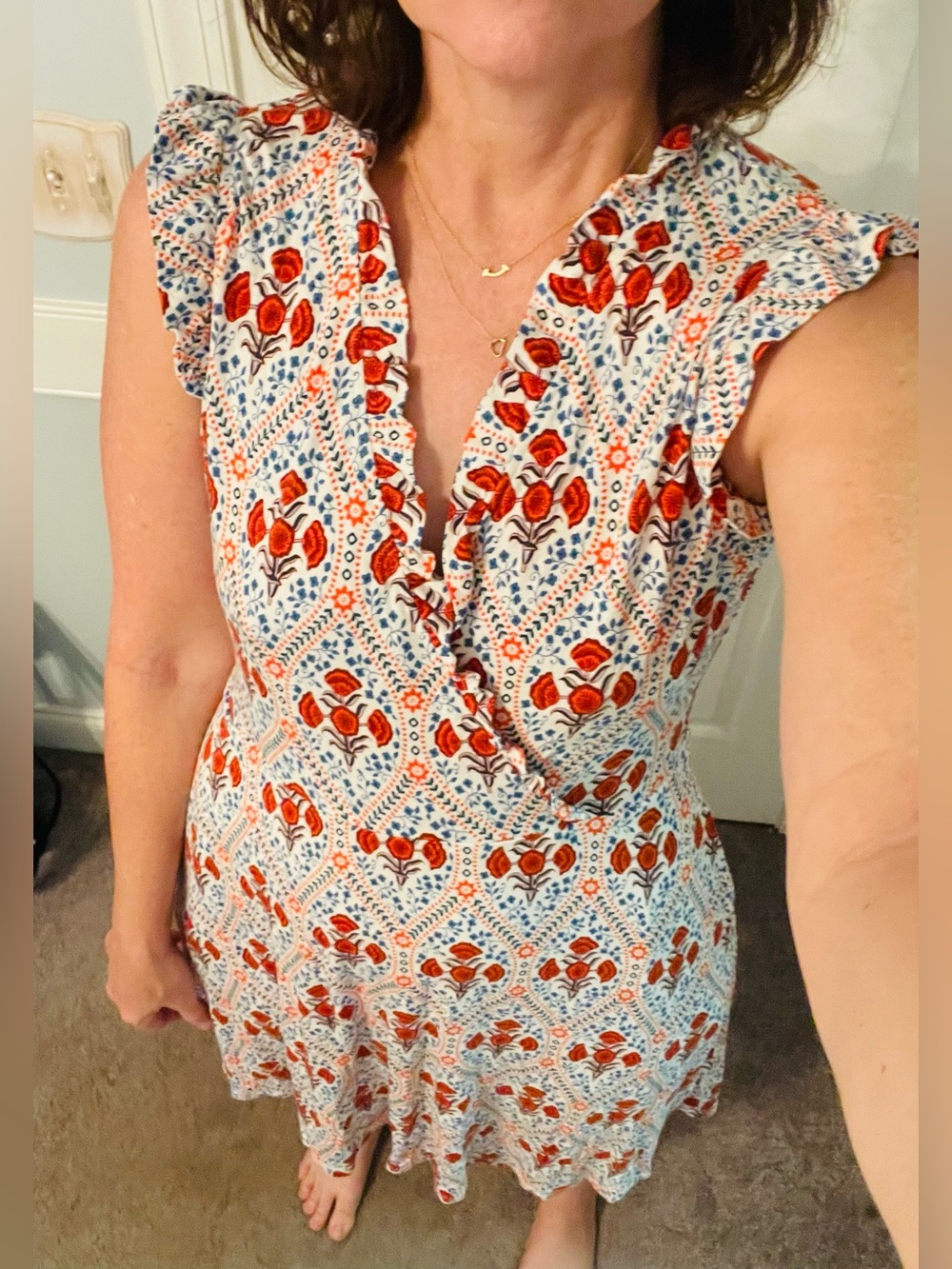 Boden White Midi Dress with Red Floral & Blue Print